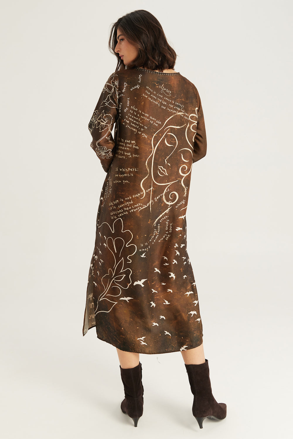 Me369 Violet Noir Muse brown V-neck midi dress at Olivia Grace Fashion