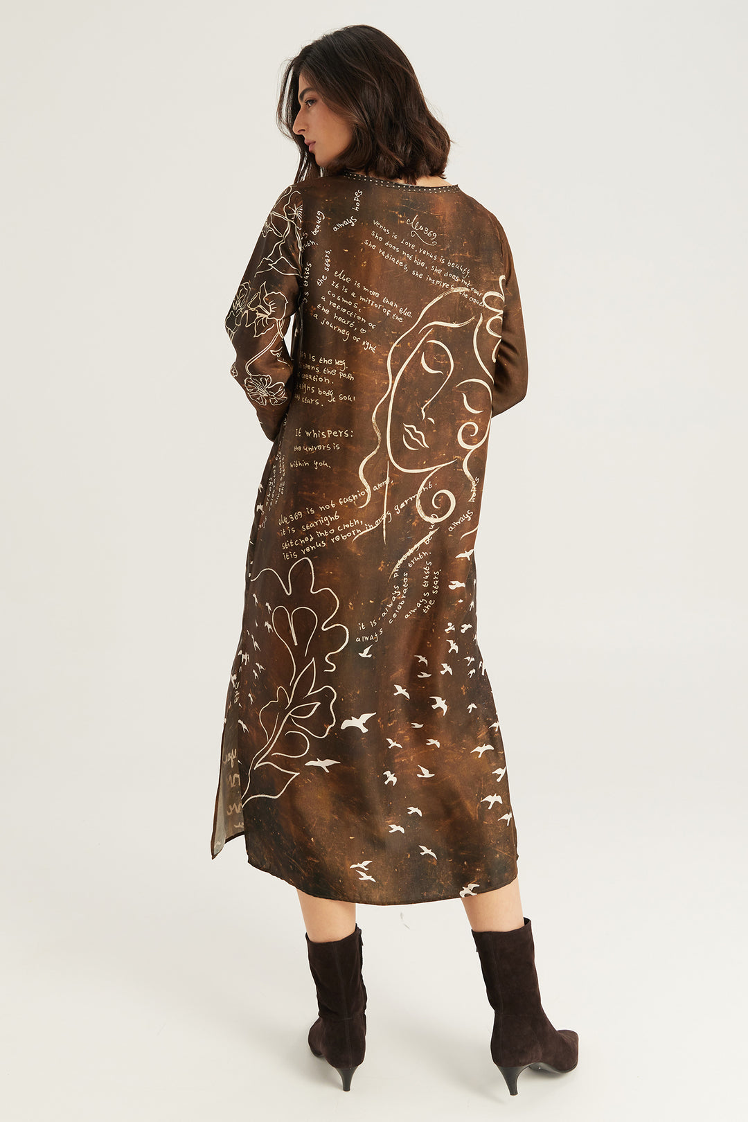 Me369 Violet Noir Muse brown V-neck midi dress at Olivia Grace Fashion
