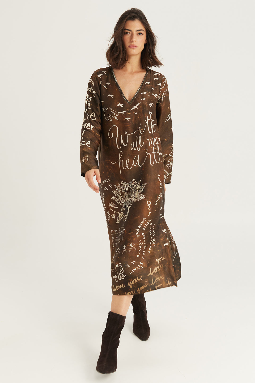 Me369 Violet Noir Muse brown V-neck midi dress at Olivia Grace Fashion