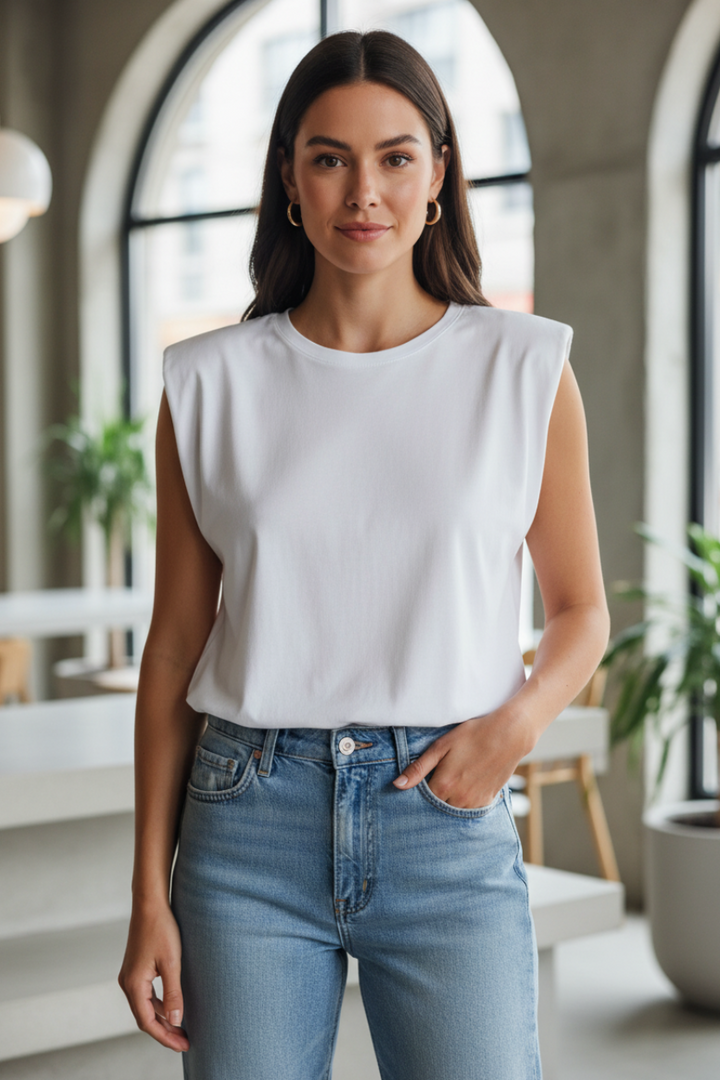 Milla 1034115 White Padded Shoulder Crop T-Shirt