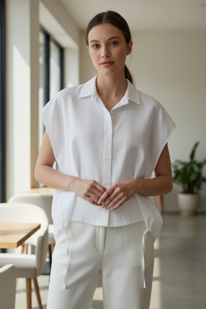 Milla 1115033 White Cap Sleeve Drawstring Shirt