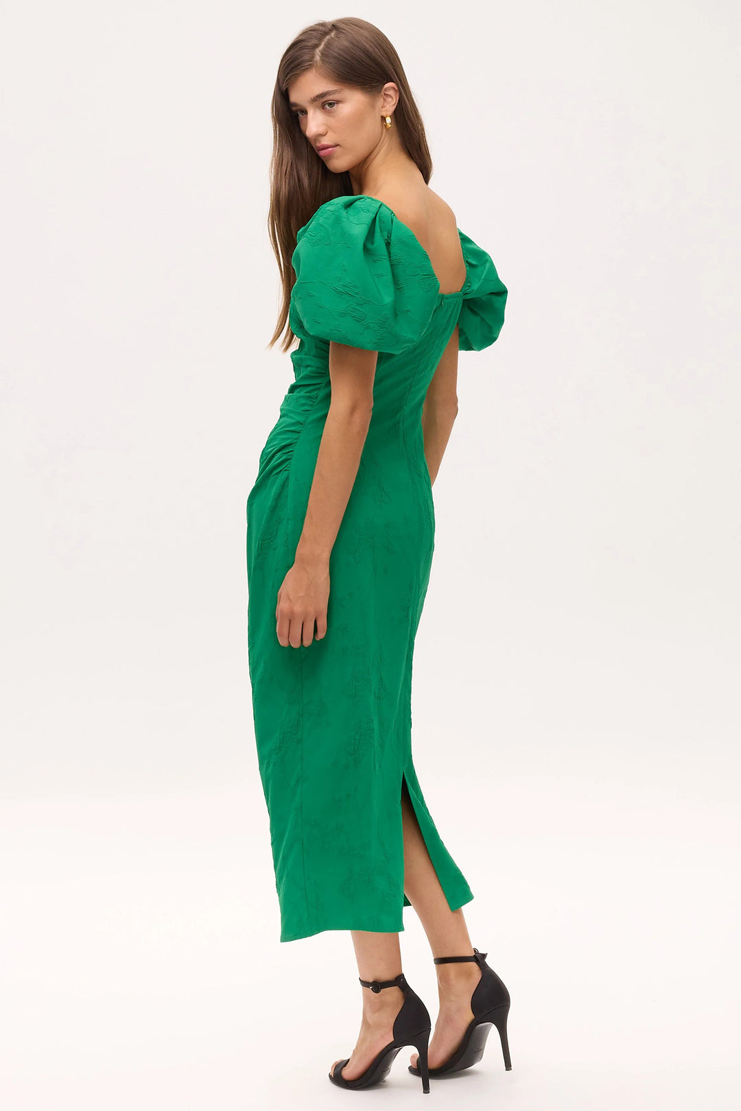 Mioh Capuleto Green Damsak Square Neck Lantern Sleeve Dress