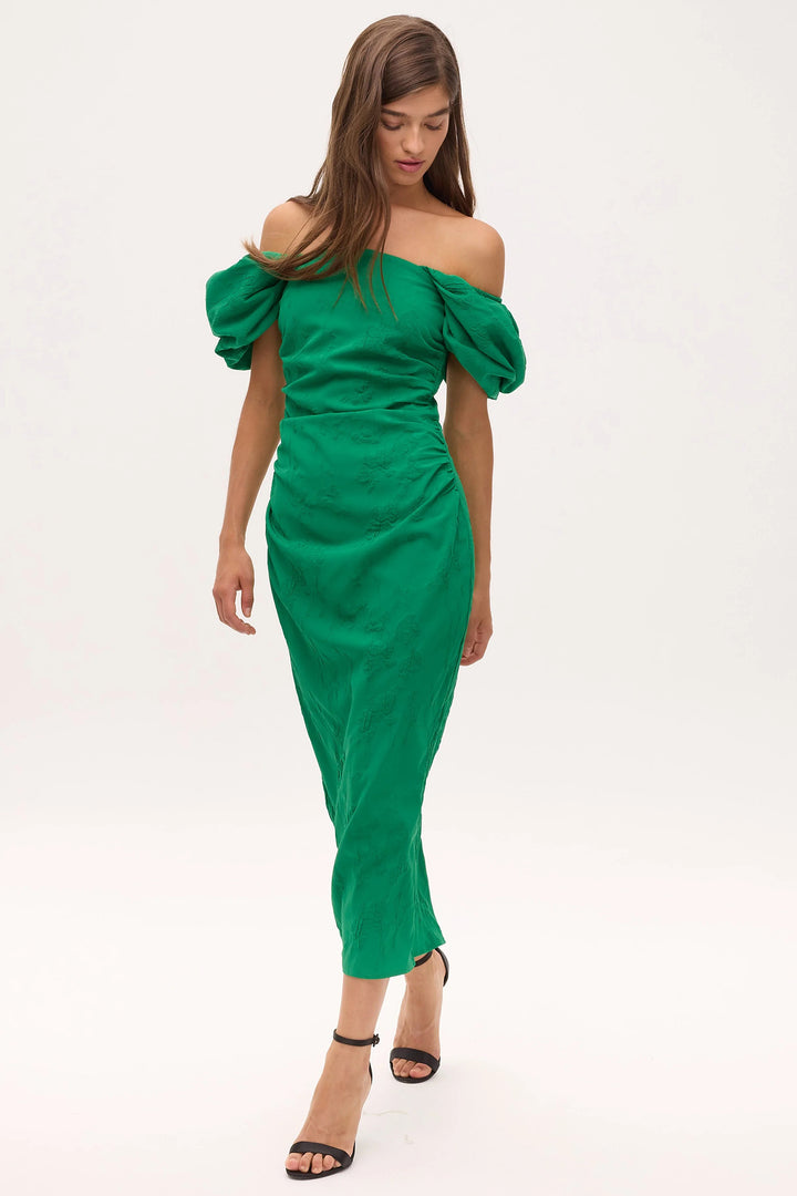 Mioh Capuleto Green Damsak Square Neck Lantern Sleeve Dress