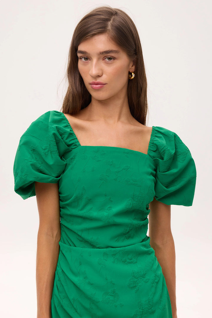 Mioh Capuleto Green Damsak Square Neck Lantern Sleeve Dress