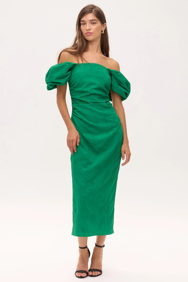 Mioh Capuleto Green Damsak Square Neck Lantern Sleeve Dress