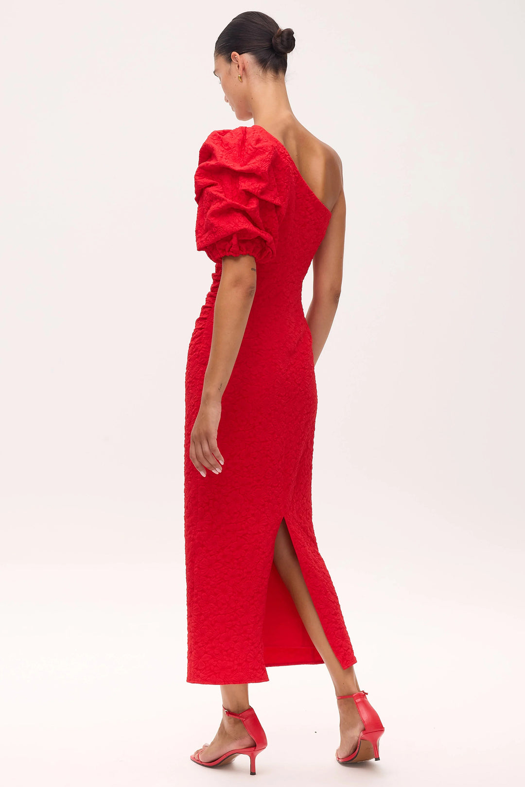 Mioh Isabela Red Damask Puff Sleeve One Shoulder Dress