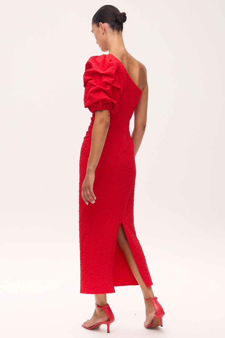 Mioh Isabela Red Damask Puff Sleeve One Shoulder Dress