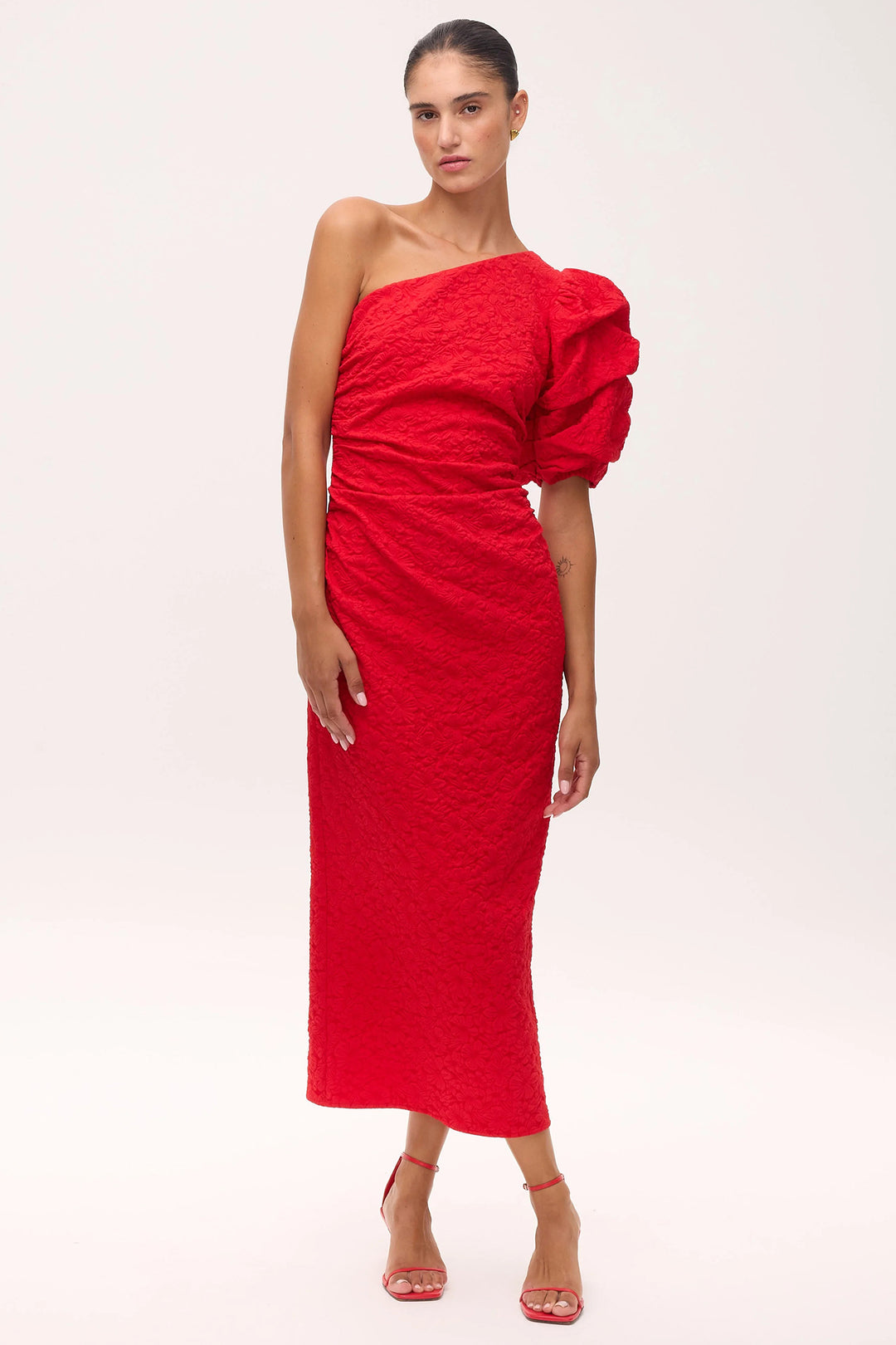 Mioh Isabela Red Damask Puff Sleeve One Shoulder Dress