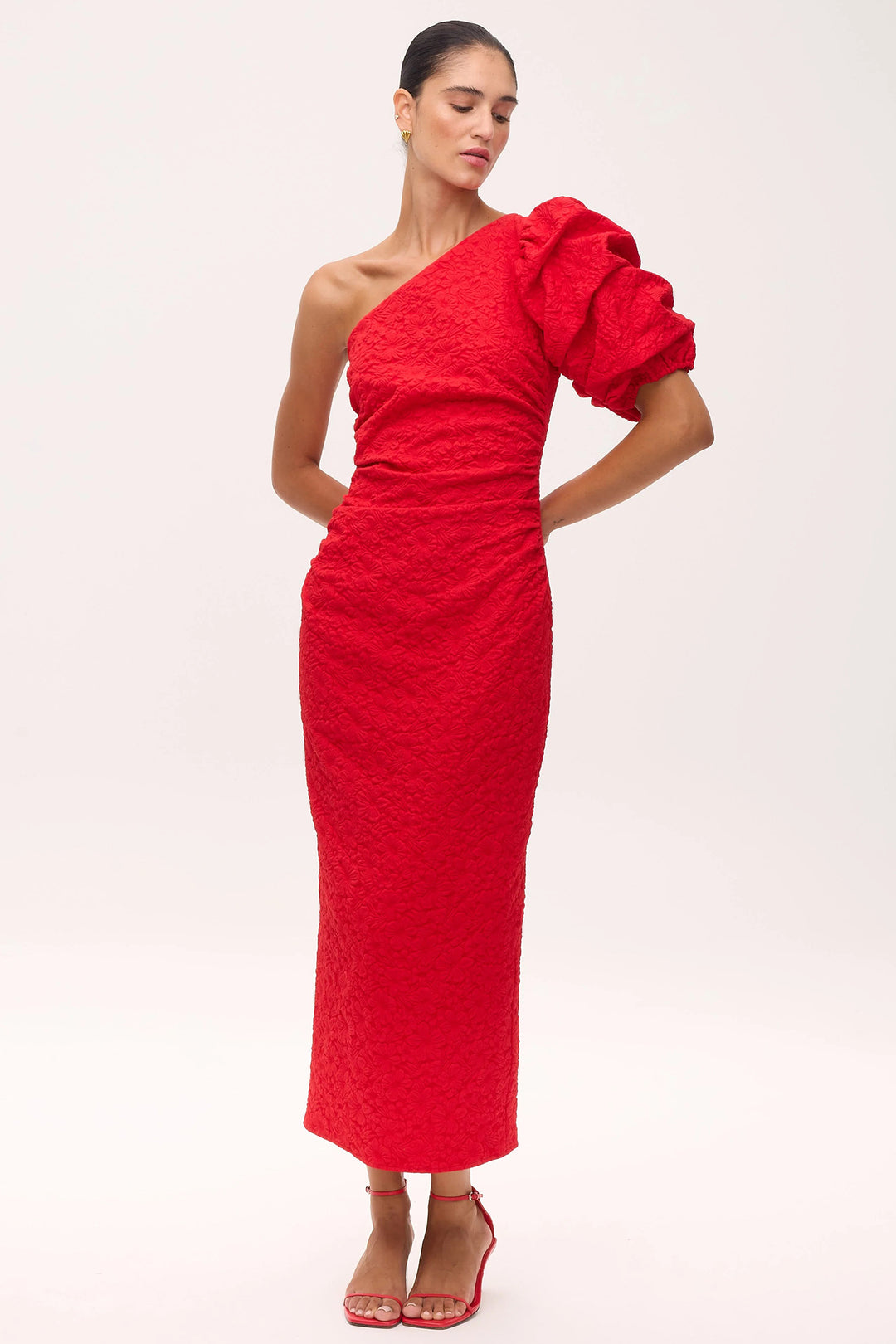Mioh Isabela Red Damask Puff Sleeve One Shoulder Dress