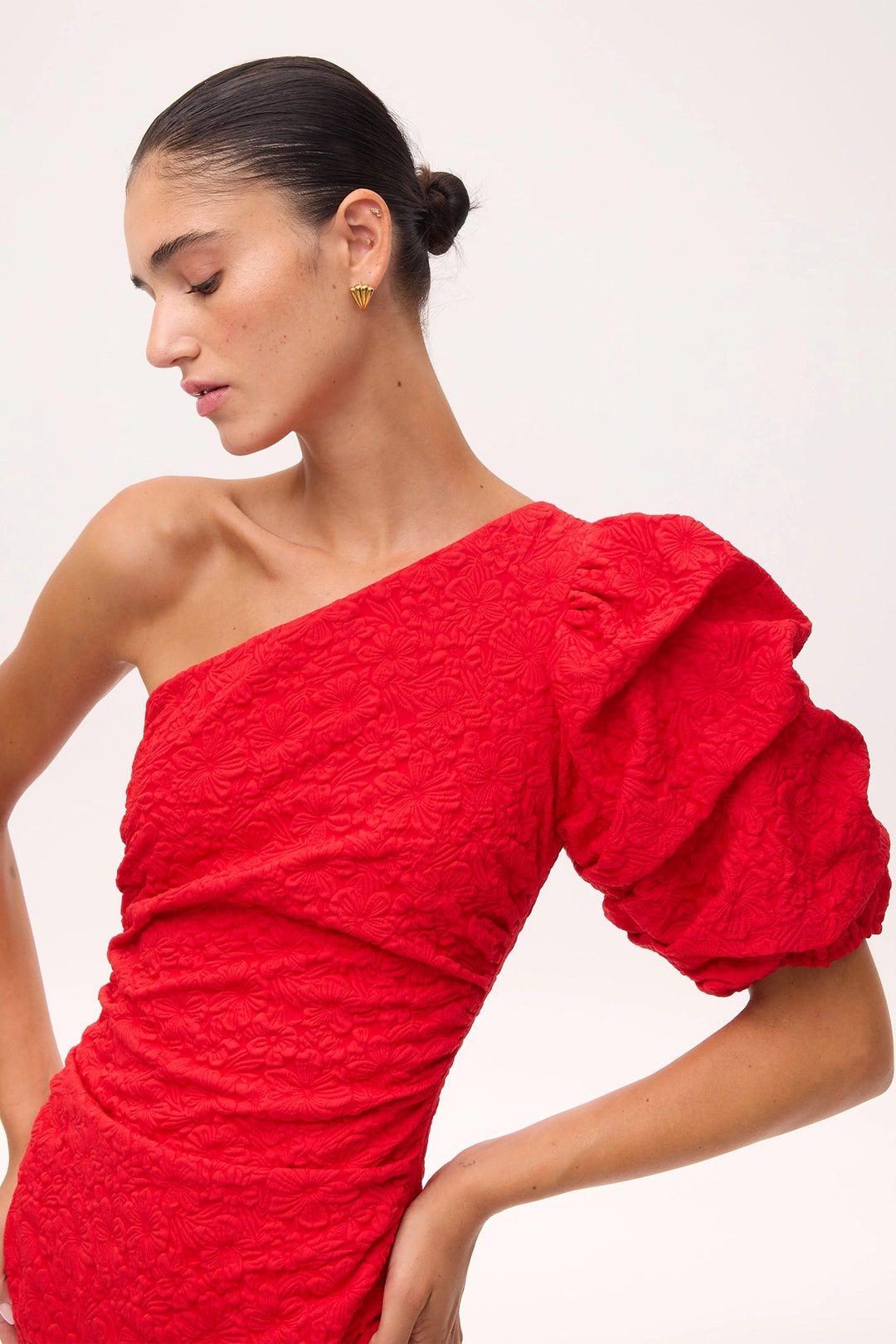 Mioh Isabela Red Damask Puff Sleeve One Shoulder Dress