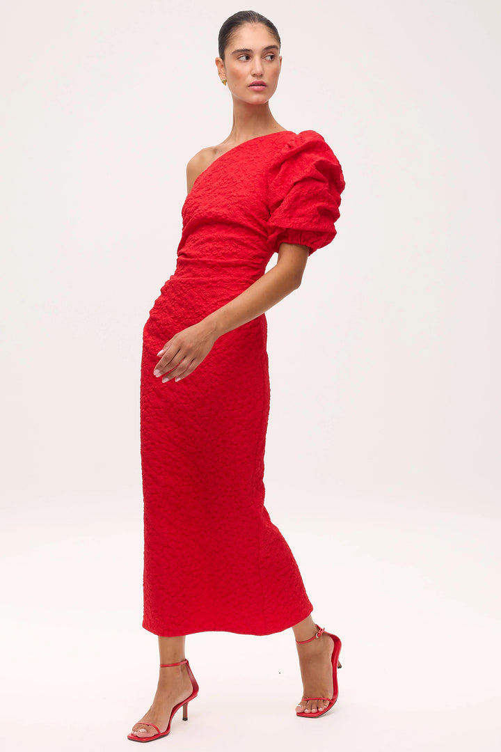Mioh Isabela Red Damask Puff Sleeve One Shoulder Dress