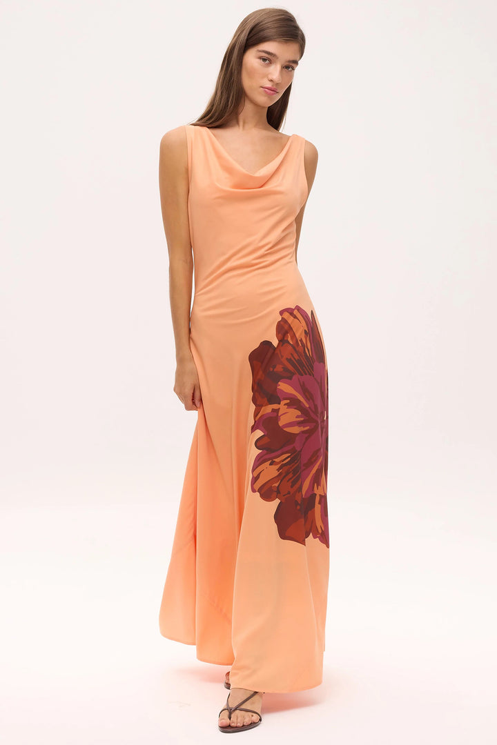 Mioh Marcia Maxi Peach Waterfall Neck Floral Print Dress