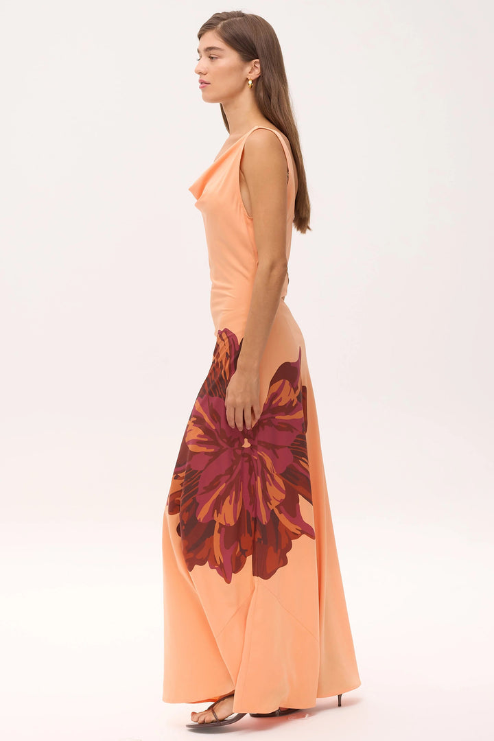 Mioh Marcia Maxi Peach Waterfall Neck Floral Print Dress