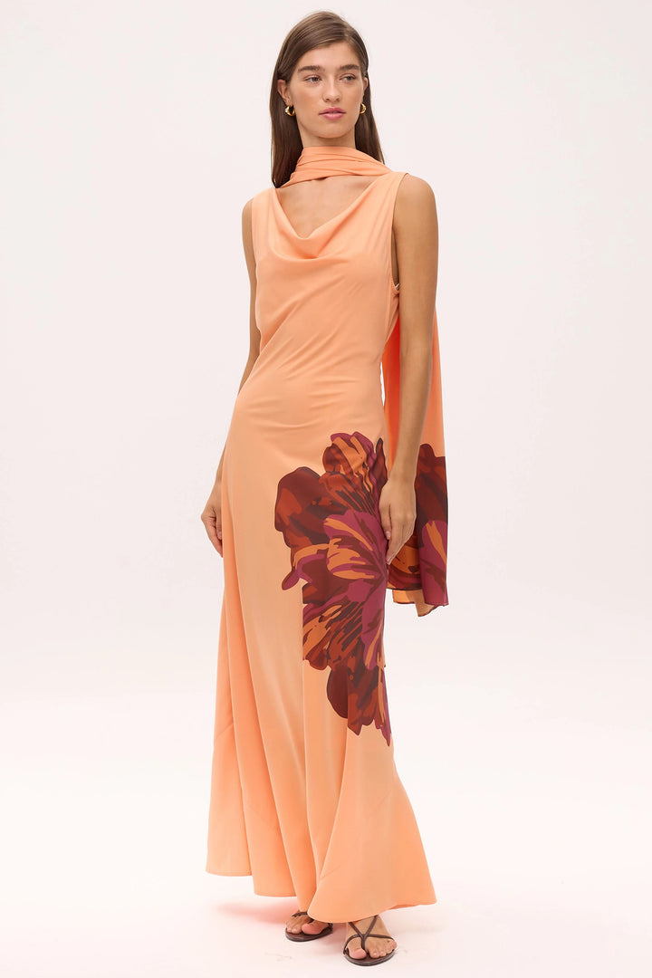 Mioh Marcia Maxi Peach Waterfall Neck Floral Print Dress