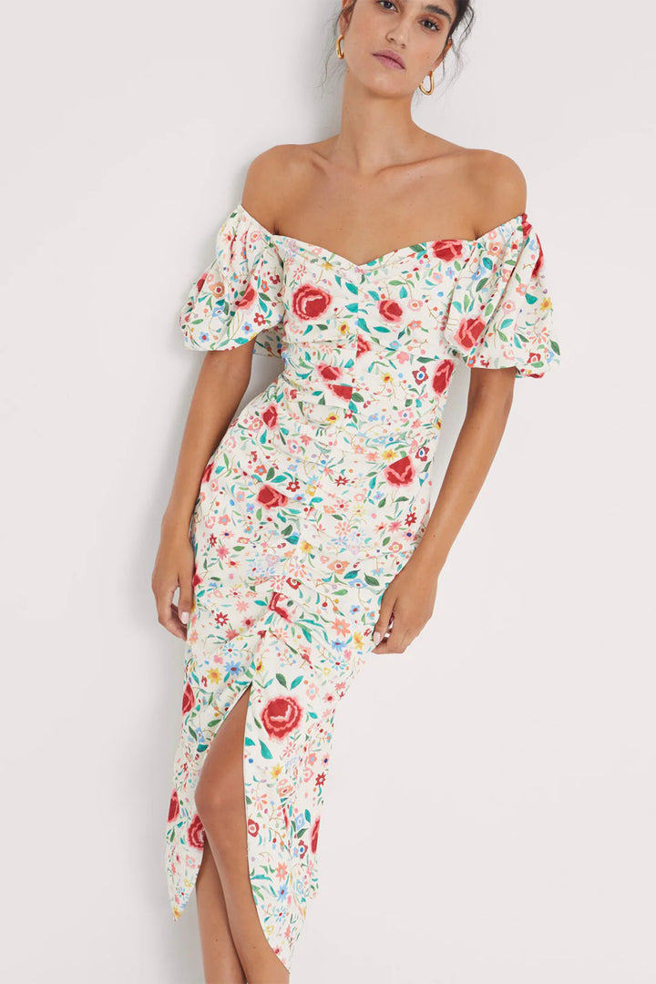 Mioh Rita Manila Off-White Shawl Floral Print Draped Midi Dress