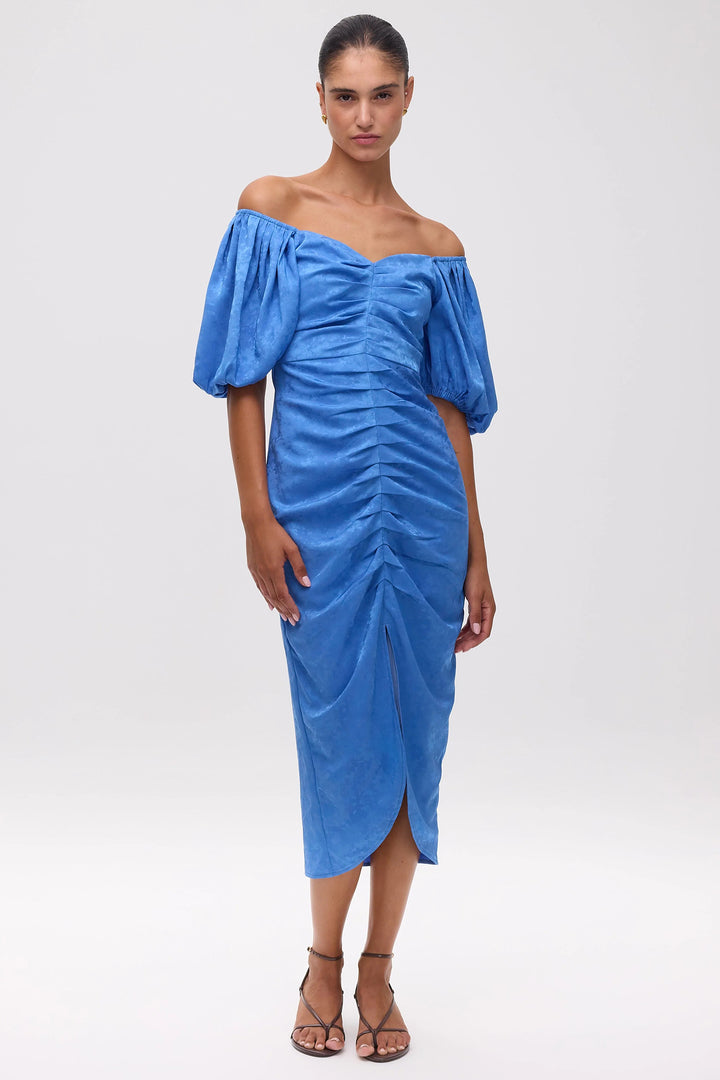 Mioh Romeo Blue Jacquard Draped Midi Dress