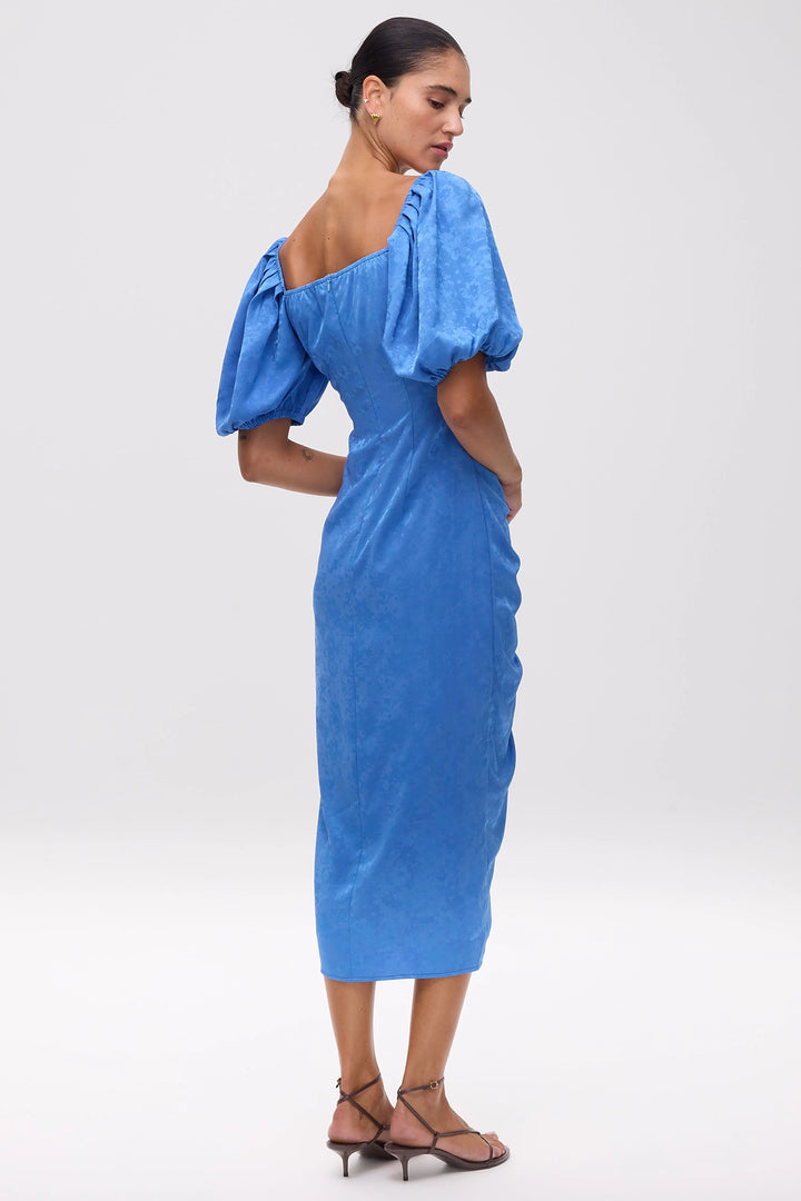 Mioh Romeo Blue Jacquard Draped Midi Dress