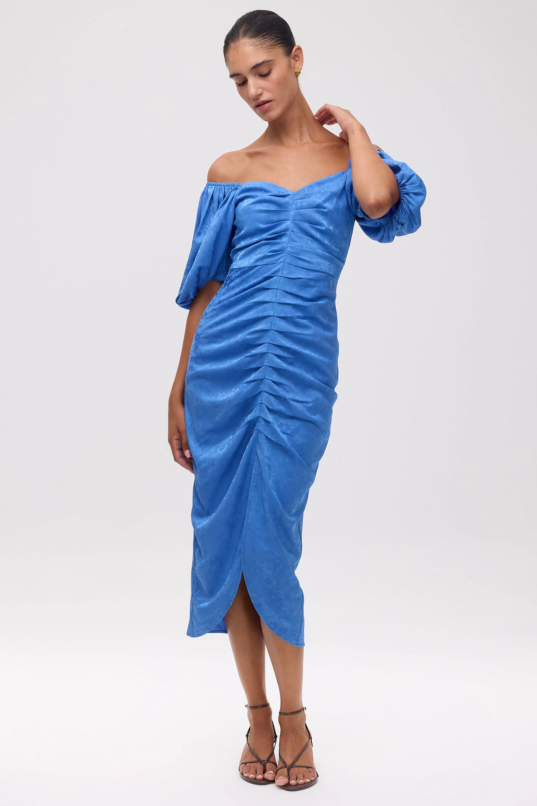 Mioh Romeo Blue Jacquard Draped Midi Dress