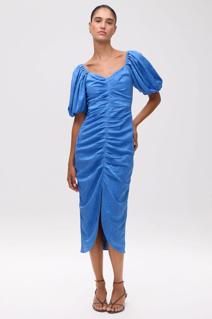 Mioh Romeo Blue Jacquard Draped Midi Dress