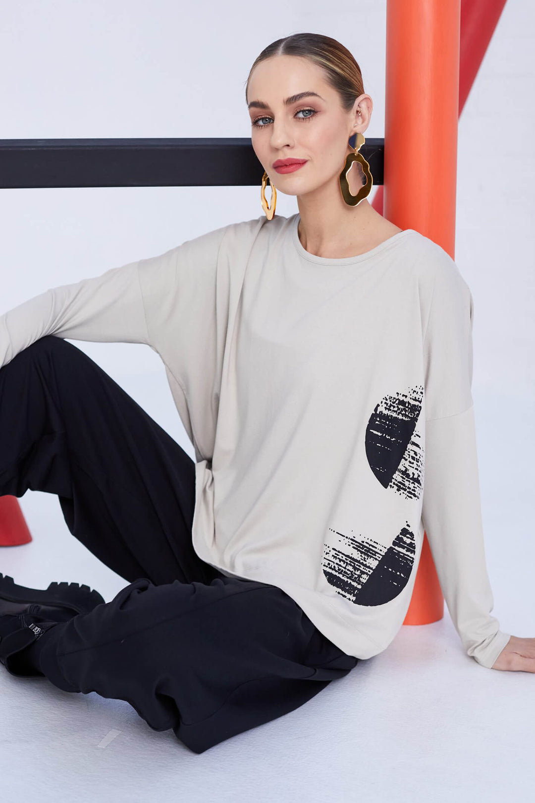 Naya NAW23127 Sand Circle Print Long Sleeve Top - Olivia Grace Fashion