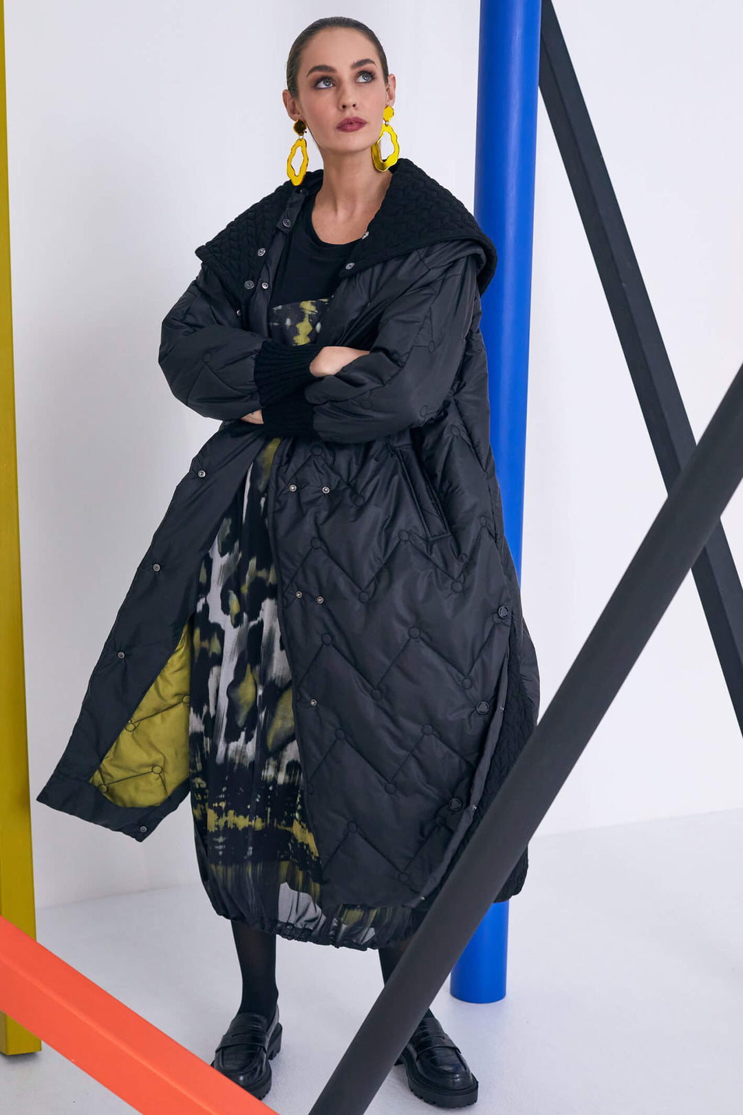 Naya NAW23197 Black Quilted Coat With Hood - Olivia Grace Fashion