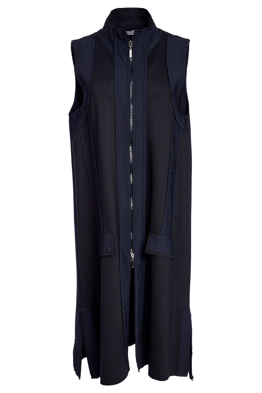Black sleeveless vest with a zipper on a white background