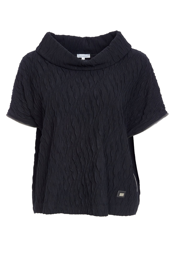Black cable knit sweater on a white background