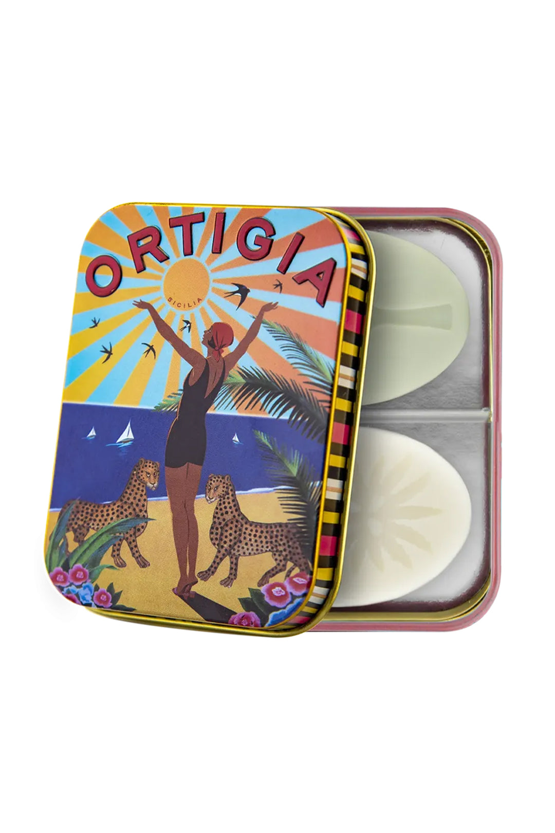 Colorful tin with 'Ortigia' branding featuring a beach scene design.
