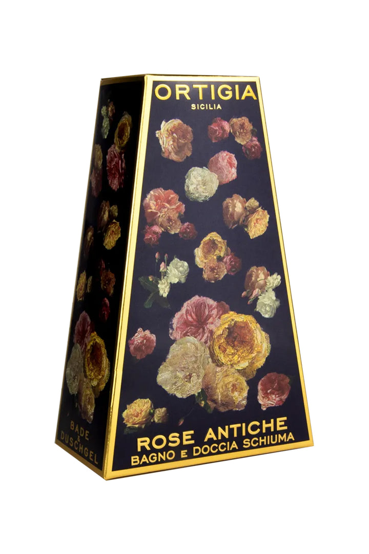 Ortigia Sicilia Rose Antiche shower gel packaging with floral design on a white background