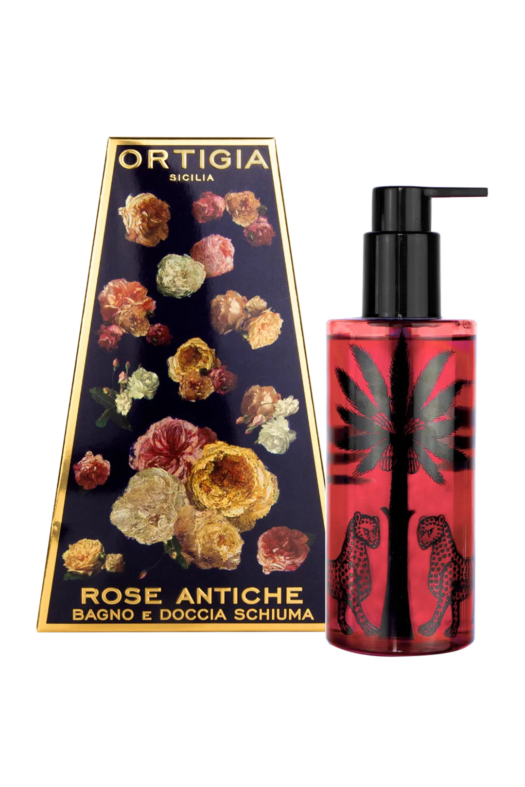 Ortigia Rose Antiche bath and shower gel with packaging featuring floral design.