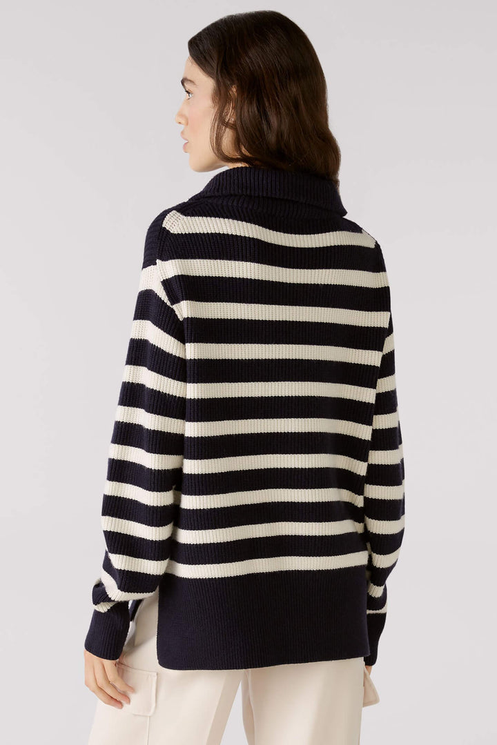 Oui 78400 Dark Blue White Zip Neck Striped Jumper - Olivia Grace Fashion