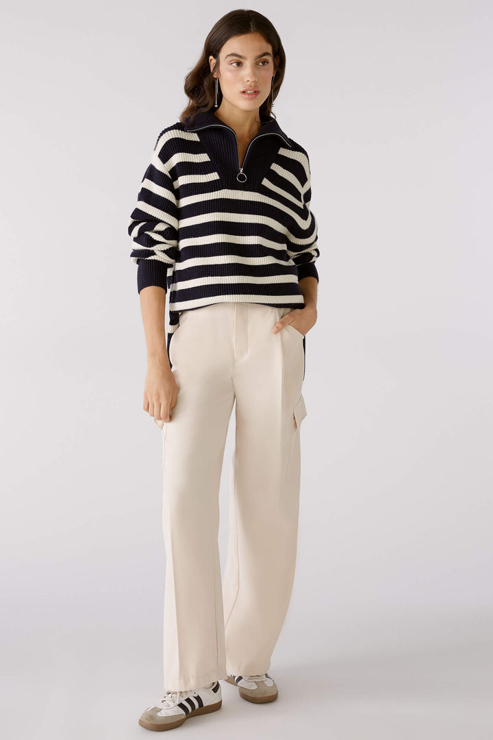 Oui 78400 Dark Blue White Zip Neck Striped Jumper - Olivia Grace Fashion