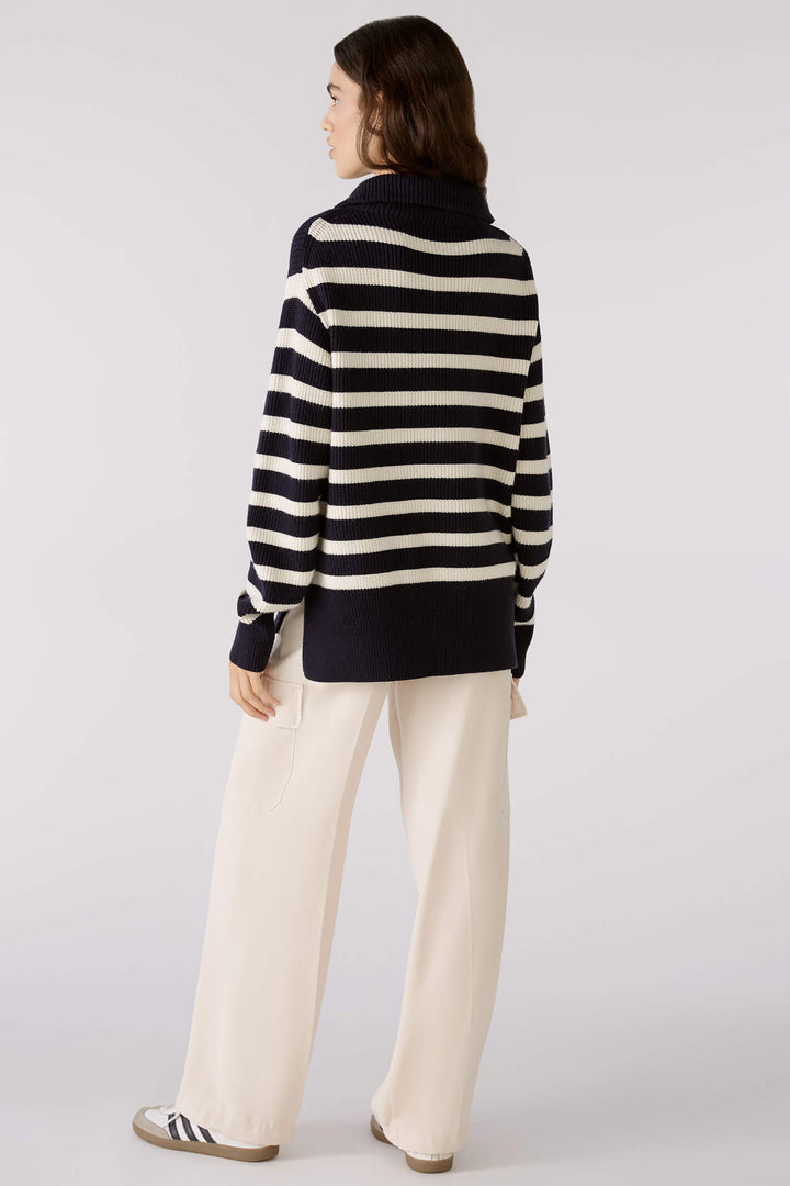 Oui 78400 Dark Blue White Zip Neck Striped Jumper - Olivia Grace Fashion