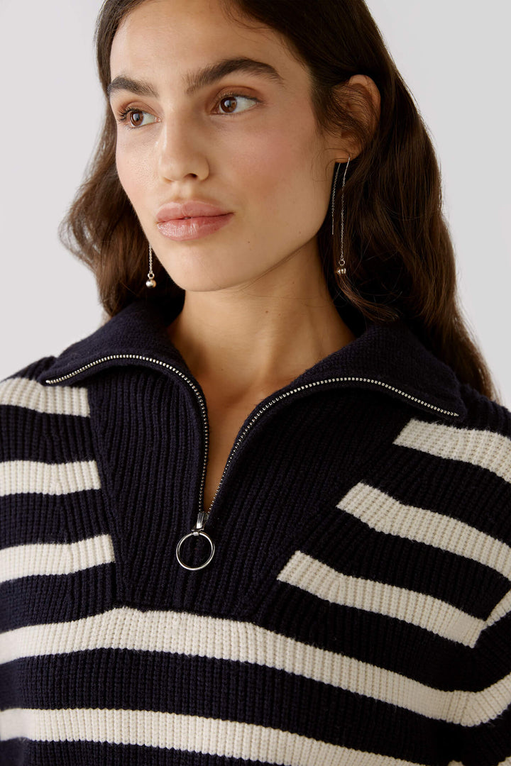 Oui 78400 Dark Blue White Zip Neck Striped Jumper - Olivia Grace Fashion