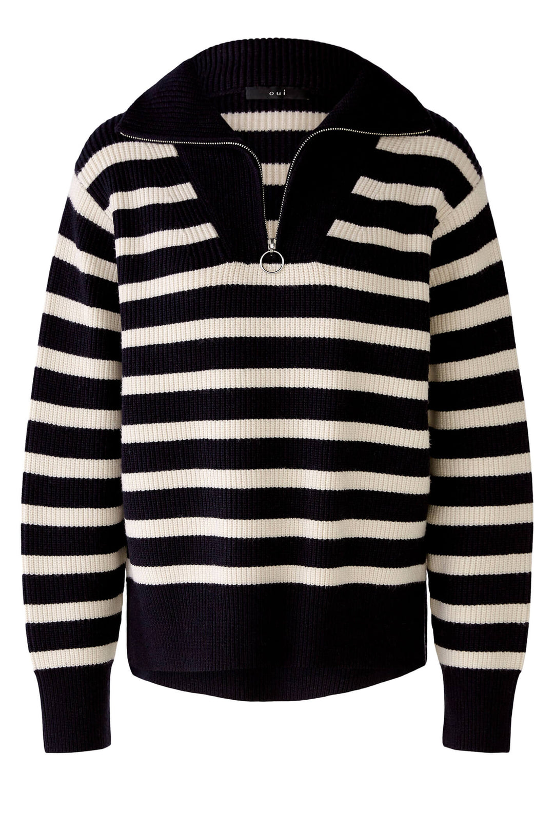 Oui 78400 Dark Blue White Zip Neck Striped Jumper - Olivia Grace Fashion
