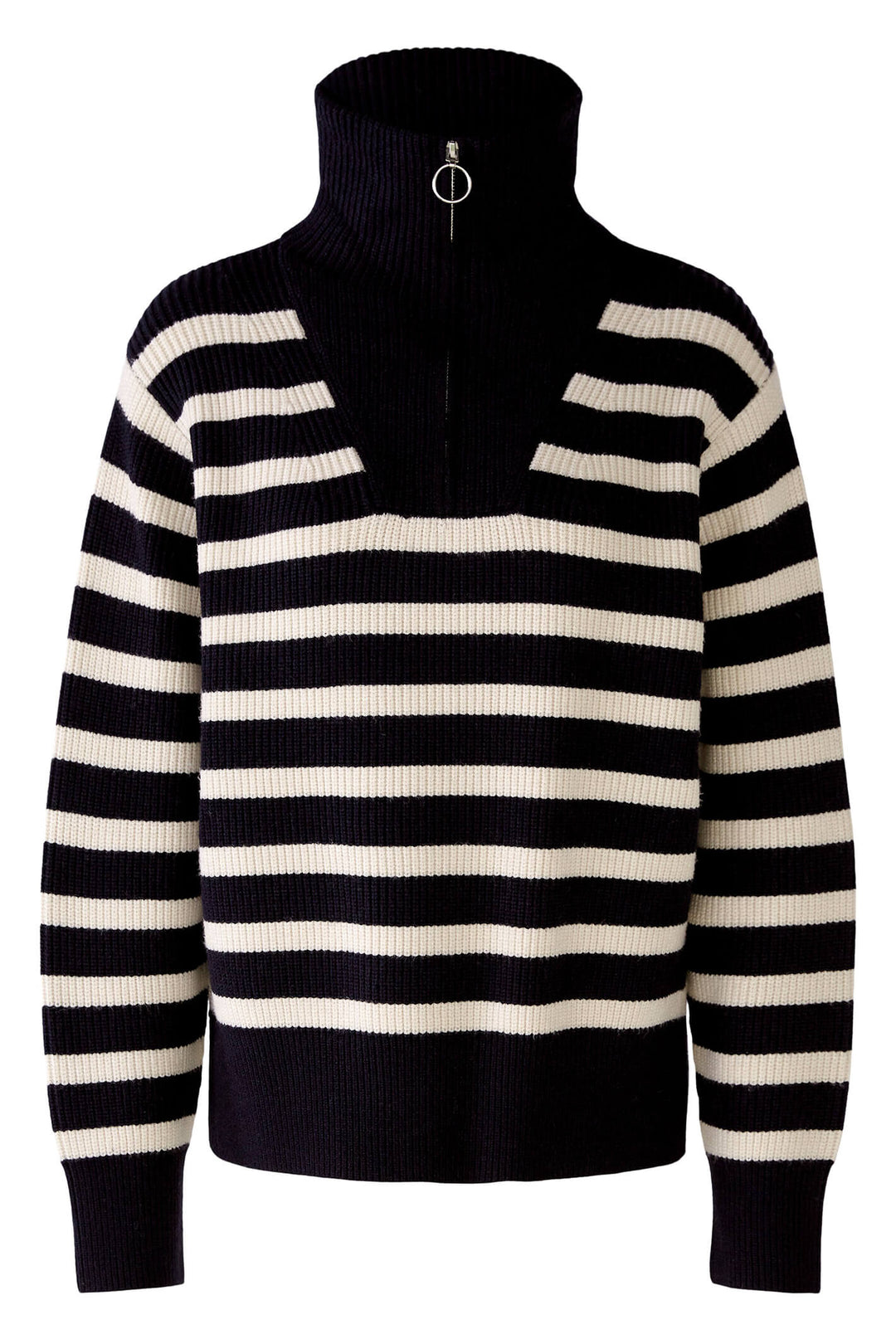 Oui 78400 Dark Blue White Zip Neck Striped Jumper - Olivia Grace Fashion