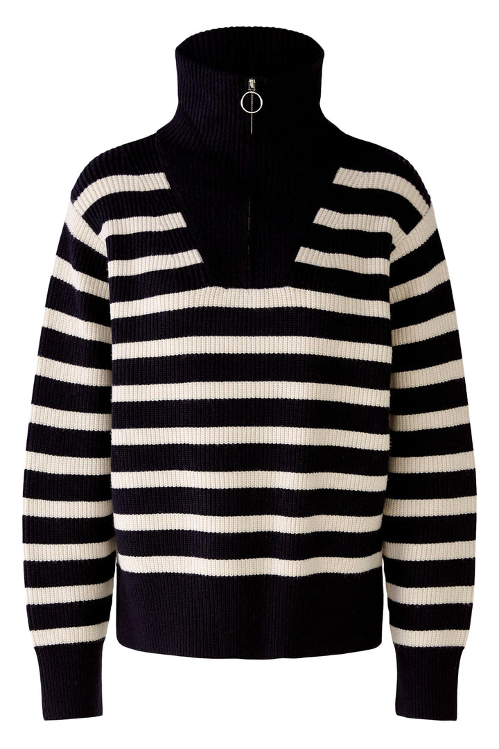 Oui 78400 Dark Blue White Zip Neck Striped Jumper - Olivia Grace Fashion