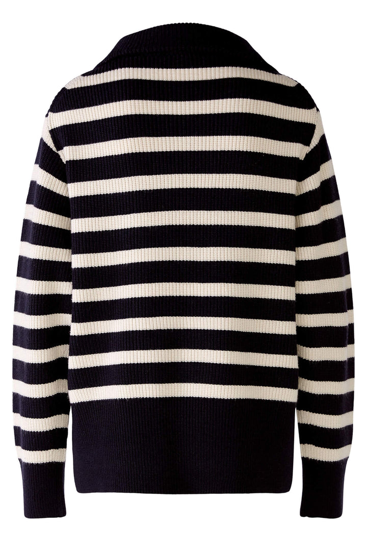 Oui 78400 Dark Blue White Zip Neck Striped Jumper - Olivia Grace Fashion