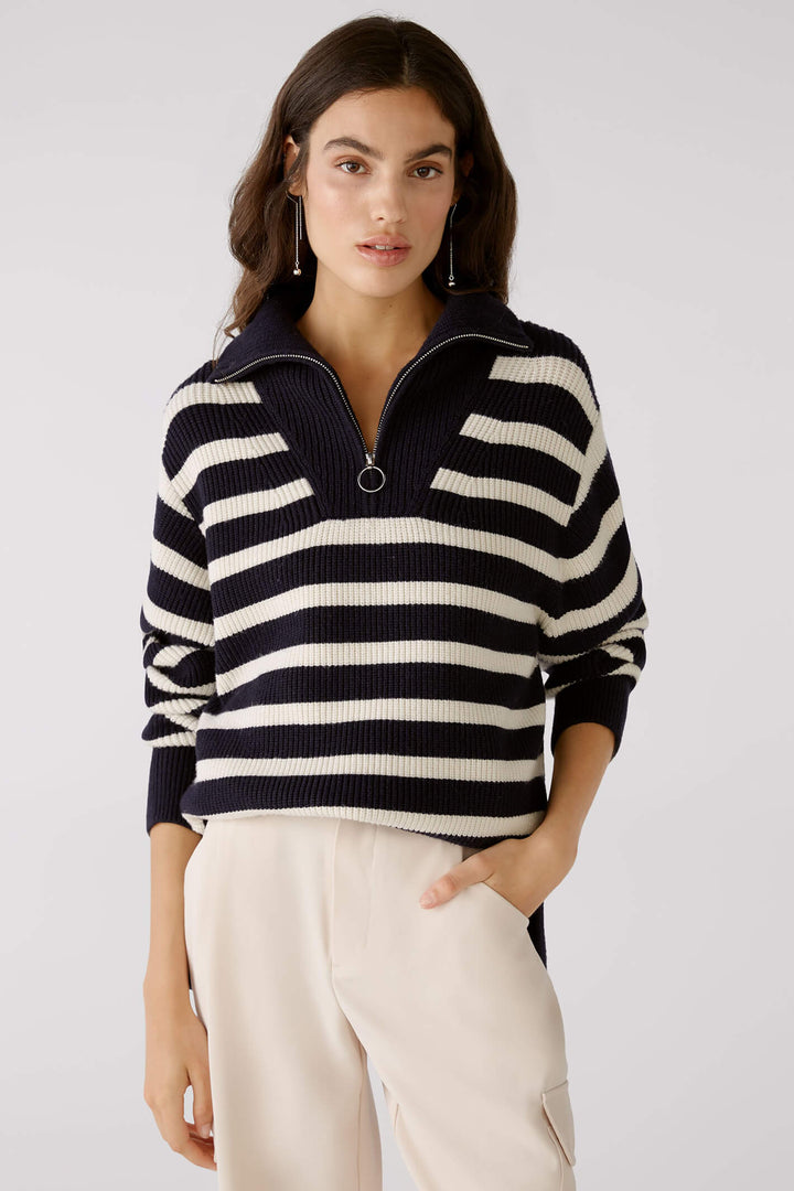 Oui 78400 Dark Blue White Zip Neck Striped Jumper - Olivia Grace Fashion
