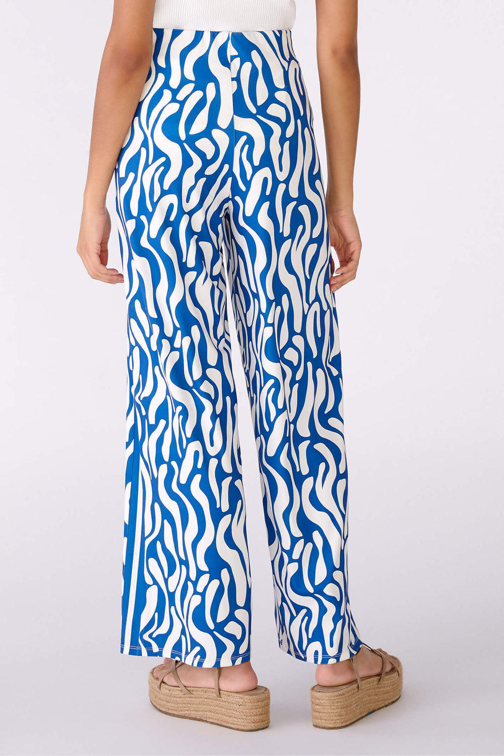 Oui 78555 Blue & White Print Silky Wide Leg Trousers - Olivia Grace Fashion