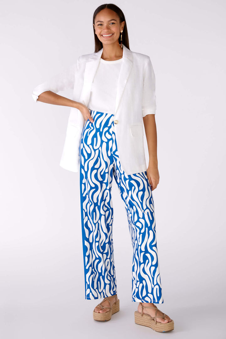 Oui 78555 Blue & White Print Silky Wide Leg Trousers - Olivia Grace Fashion