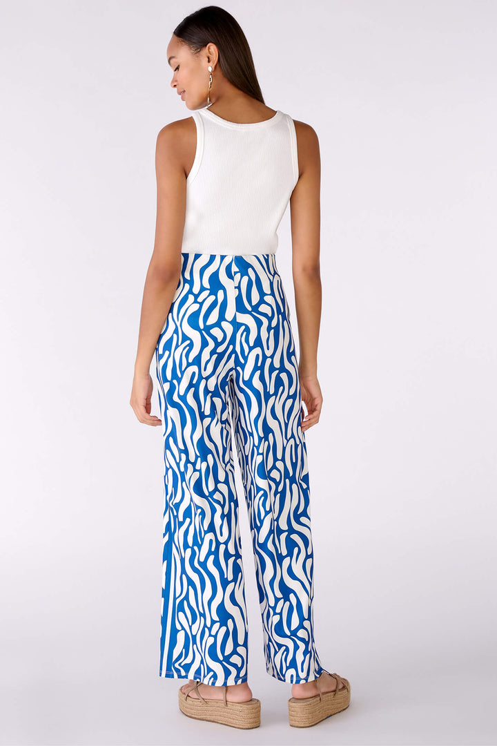 Oui 78555 Blue & White Print Silky Wide Leg Trousers - Olivia Grace Fashion