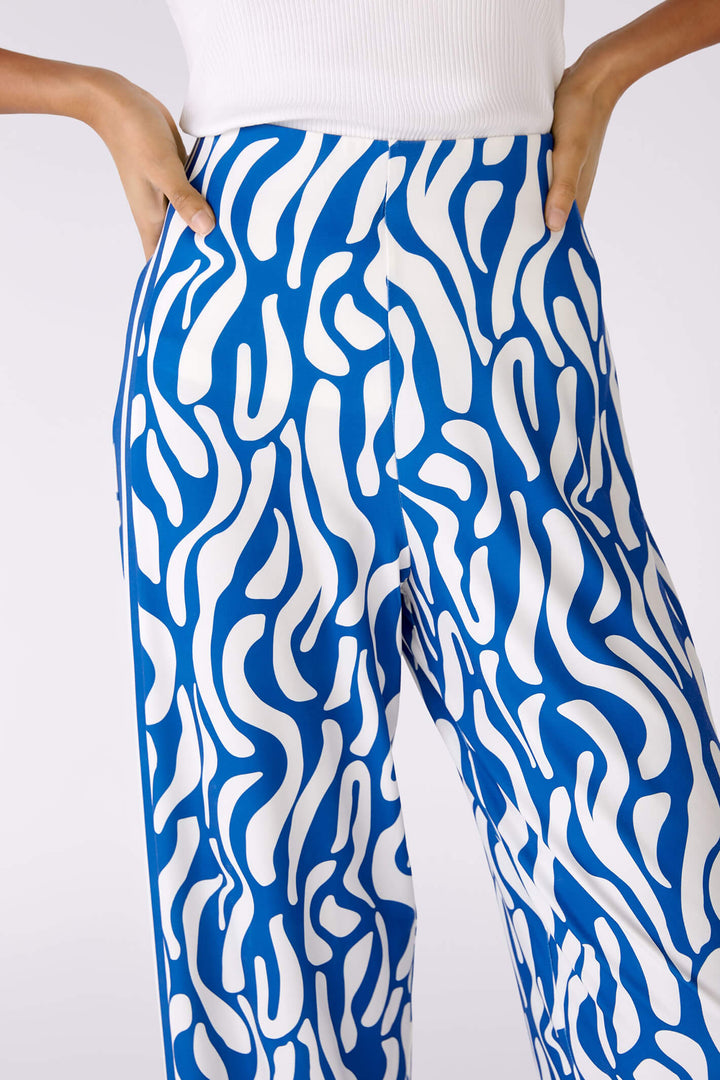 Oui 78555 Blue & White Print Silky Wide Leg Trousers - Olivia Grace Fashion
