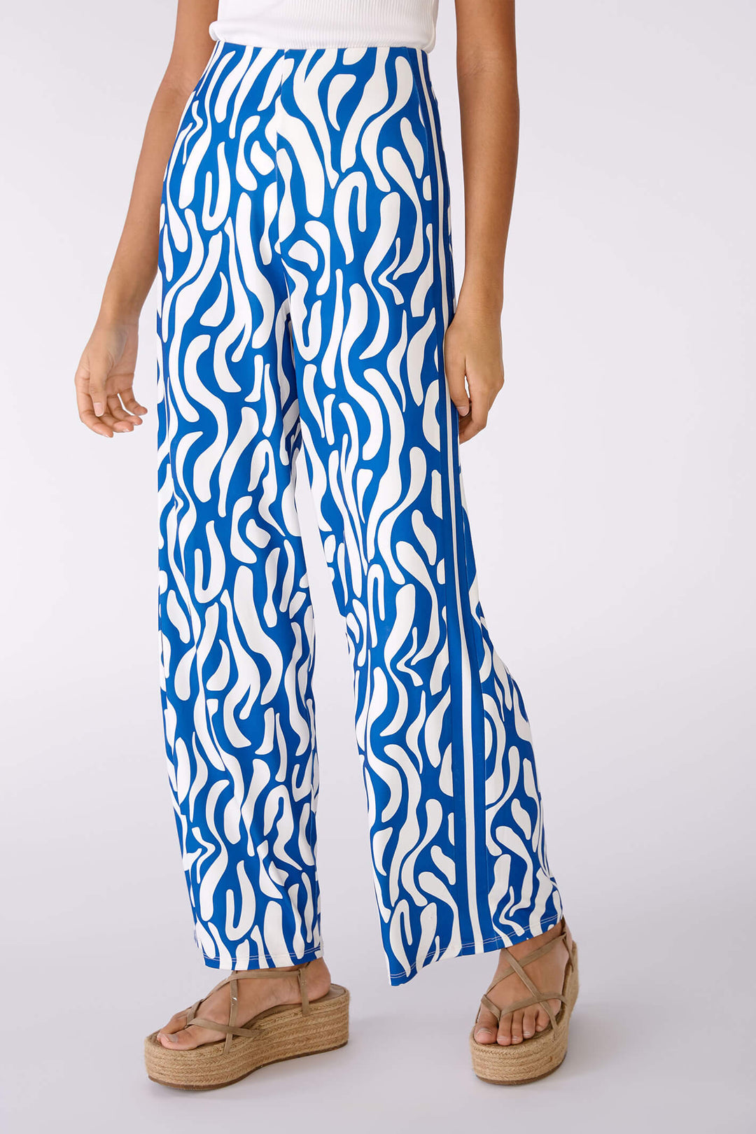 Oui 78555 Blue & White Print Silky Wide Leg Trousers - Olivia Grace Fashion