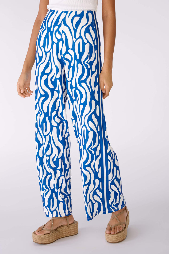 Oui 78555 Blue & White Print Silky Wide Leg Trousers - Olivia Grace Fashion