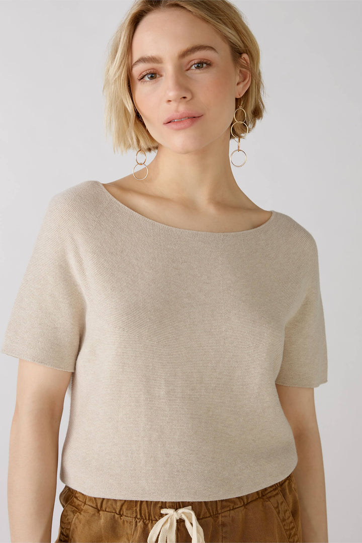 Oui 79014 Light Beige Melange Short Sleeve Wide Neck Jumper - Olivia Grace Fashion