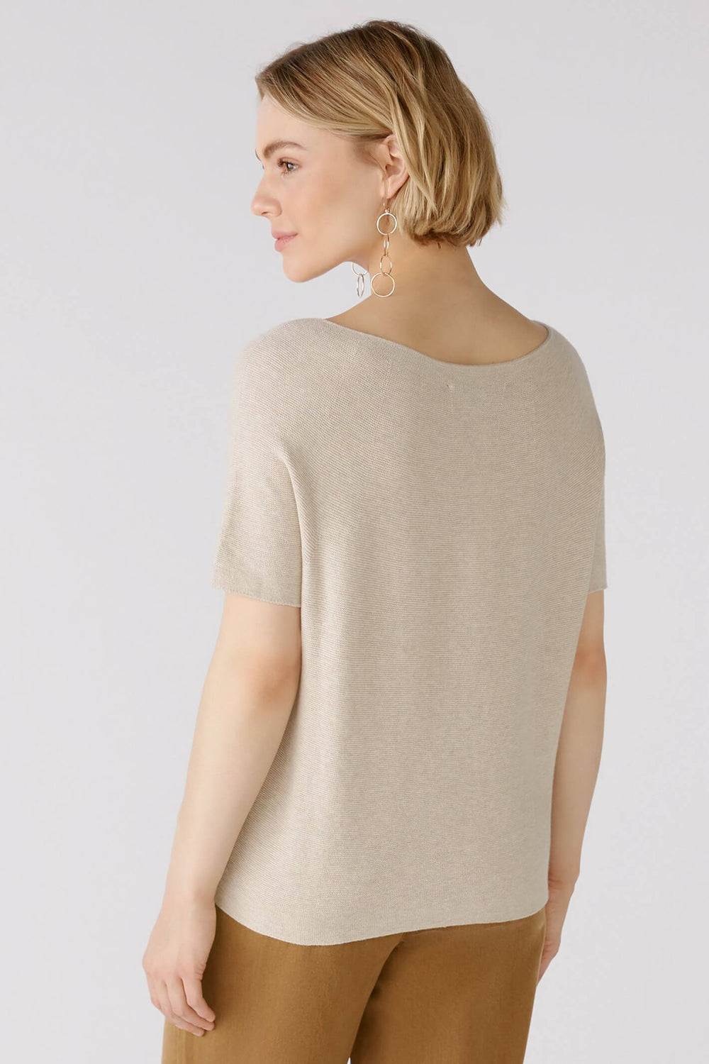 Oui 79014 Light Beige Melange Short Sleeve Wide Neck Jumper - Olivia Grace Fashion
