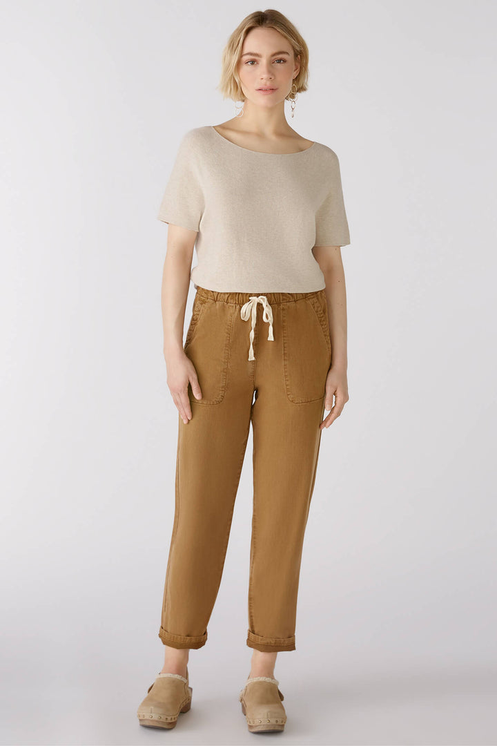 Oui 79014 Light Beige Melange Short Sleeve Wide Neck Jumper - Olivia Grace Fashion