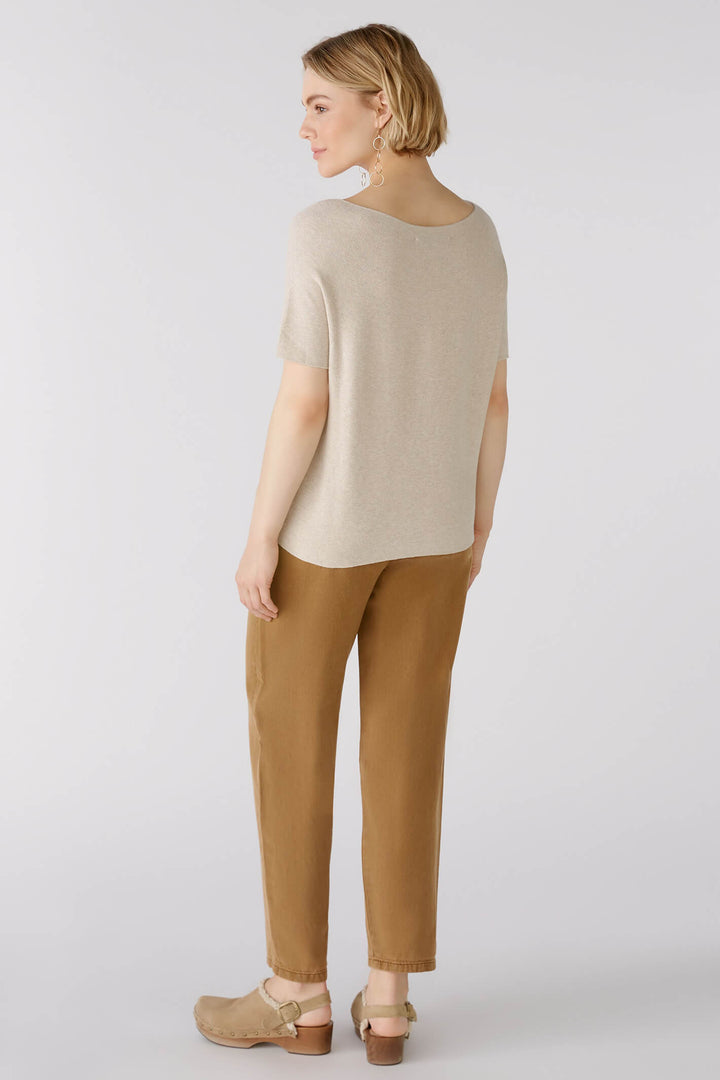 Oui 79014 Light Beige Melange Short Sleeve Wide Neck Jumper - Olivia Grace Fashion