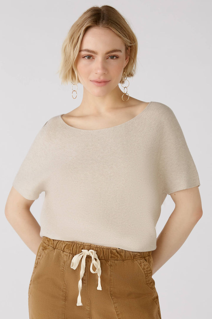 Oui 79014 Light Beige Melange Short Sleeve Wide Neck Jumper - Olivia Grace Fashion